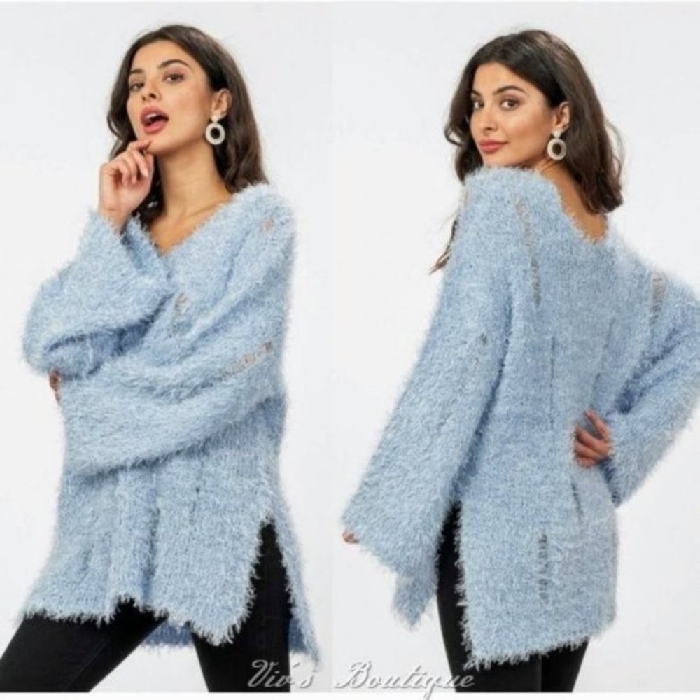 Blue Distressed Eyelash Relaxed Fit V-Neck Off Shoulder Sweater